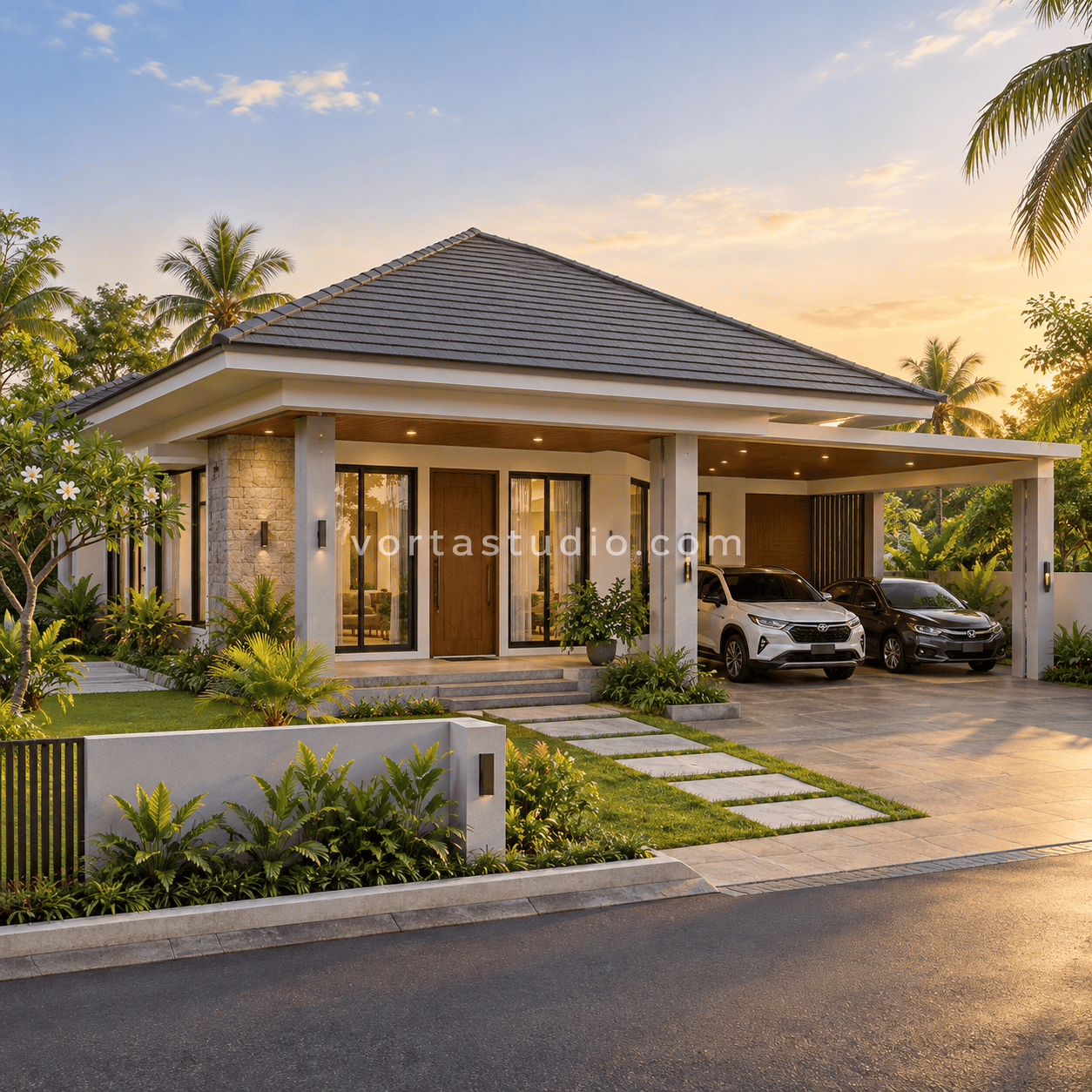 Sample desain rumah tropis minimalis modern atap limasan overhang lebar VS-047 — Vorta Studio