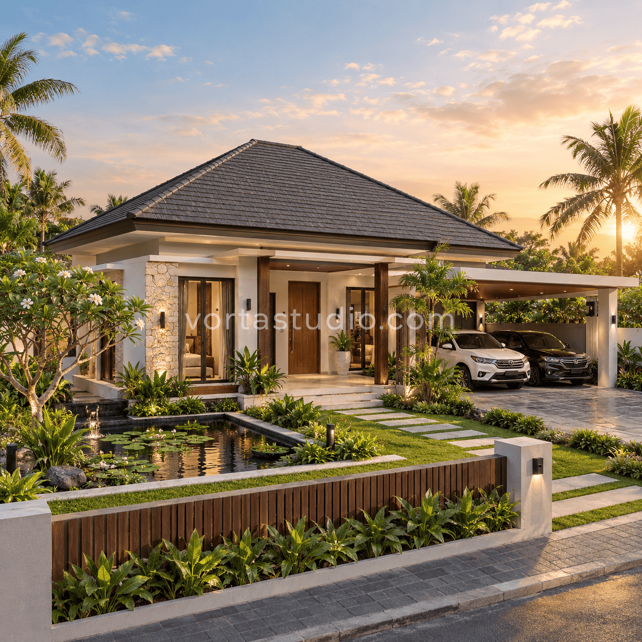 Sample desain rumah bali minimalis modern atap limasan taman kolam VS-055 — Vorta Studio