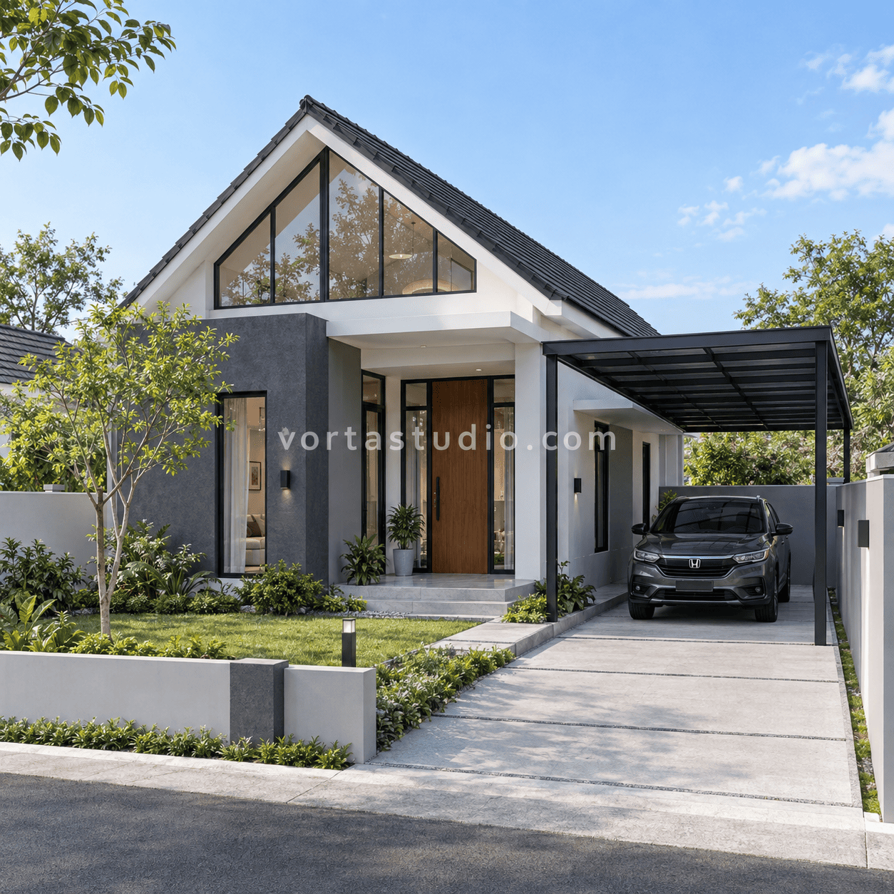 Sample desain rumah minimalis modern atap pelana plafon tinggi clerestory VS-057 — Vorta Studio
