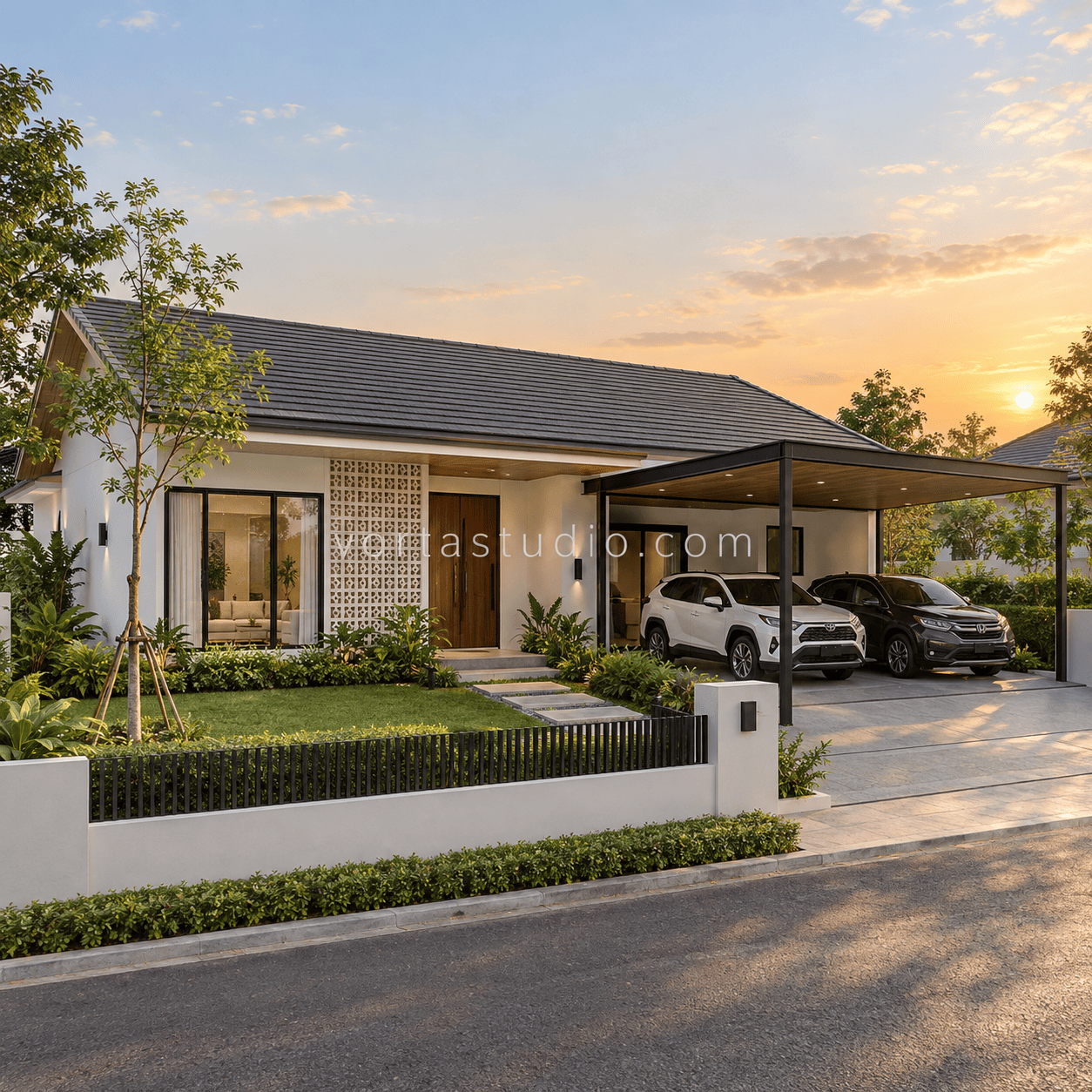 Sample desain rumah mid-century minimalis modern atap pelana rendah carport terbuka VS-059 — Vorta Studio