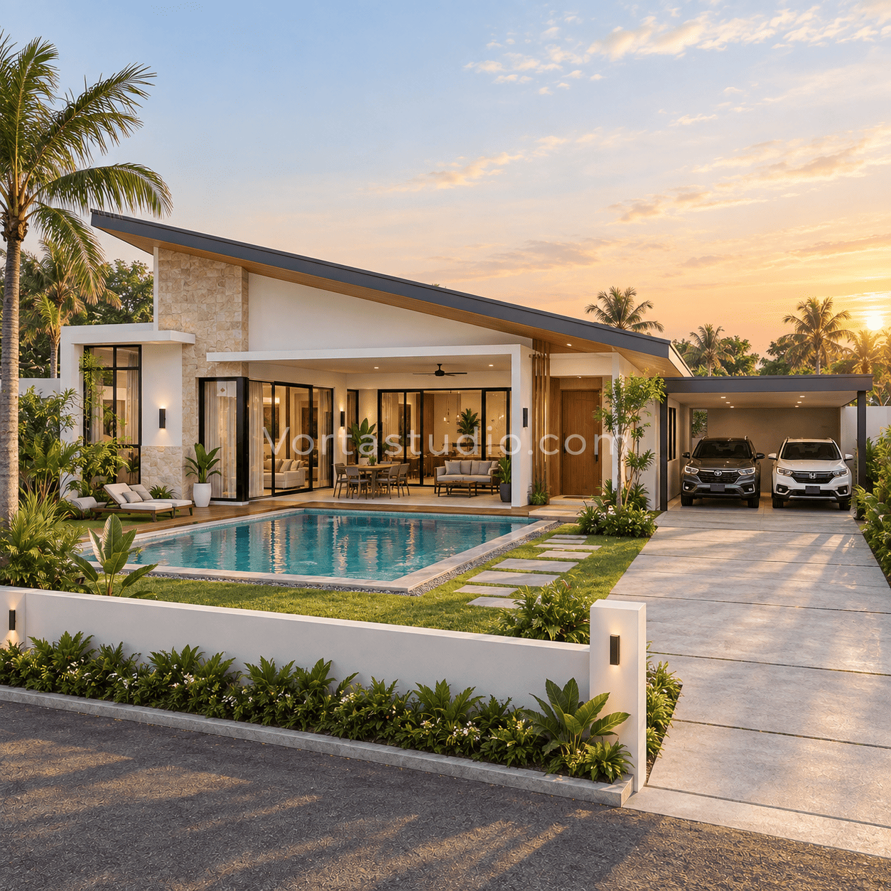 Sample desain rumah resort minimalis modern atap miring satu arah kolam renang VS-063 — Vorta Studio