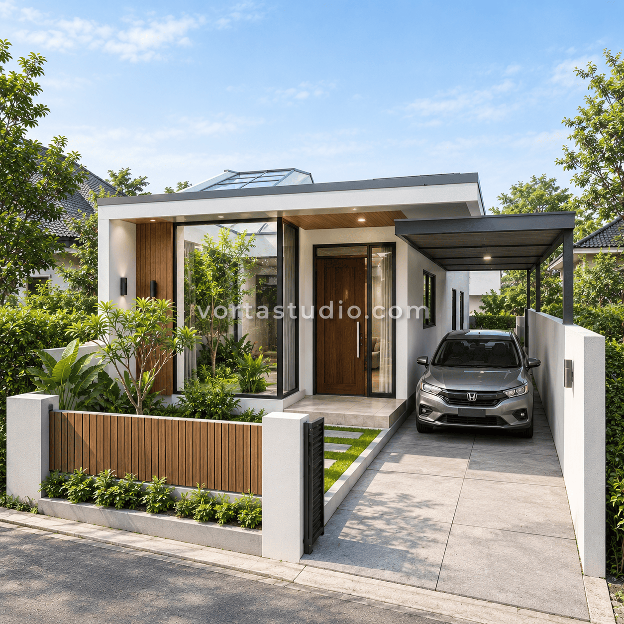 Sample desain rumah minimalis modern lahan sempit taman dalam skylight VS-066 — Vorta Studio