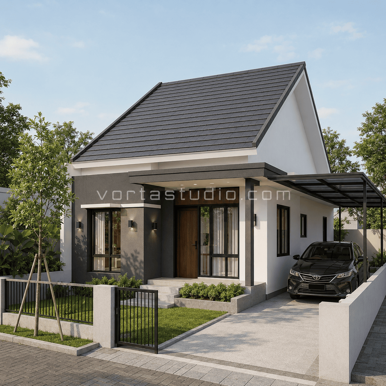 Sample desain rumah minimalis modern lahan sempit atap pelana carport satu mobil VS-069 — Vorta Studio