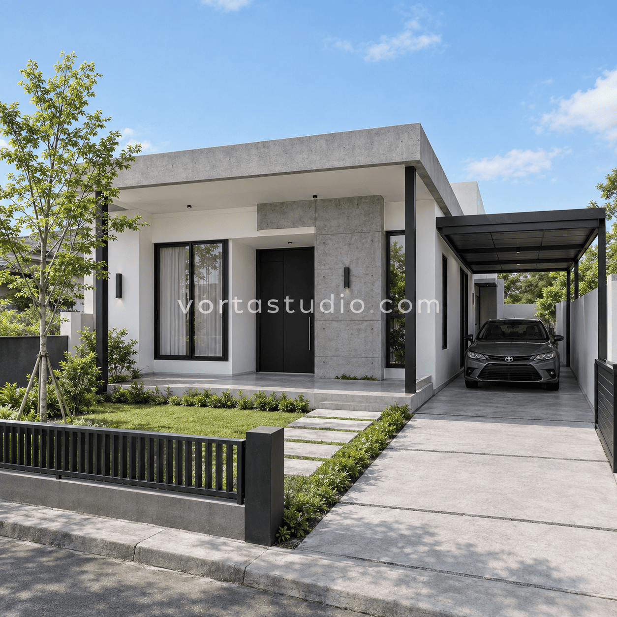 Sample desain rumah monokrom minimalis modern fasad beton ekspos 1 lantai VS-073 — Vorta Studio