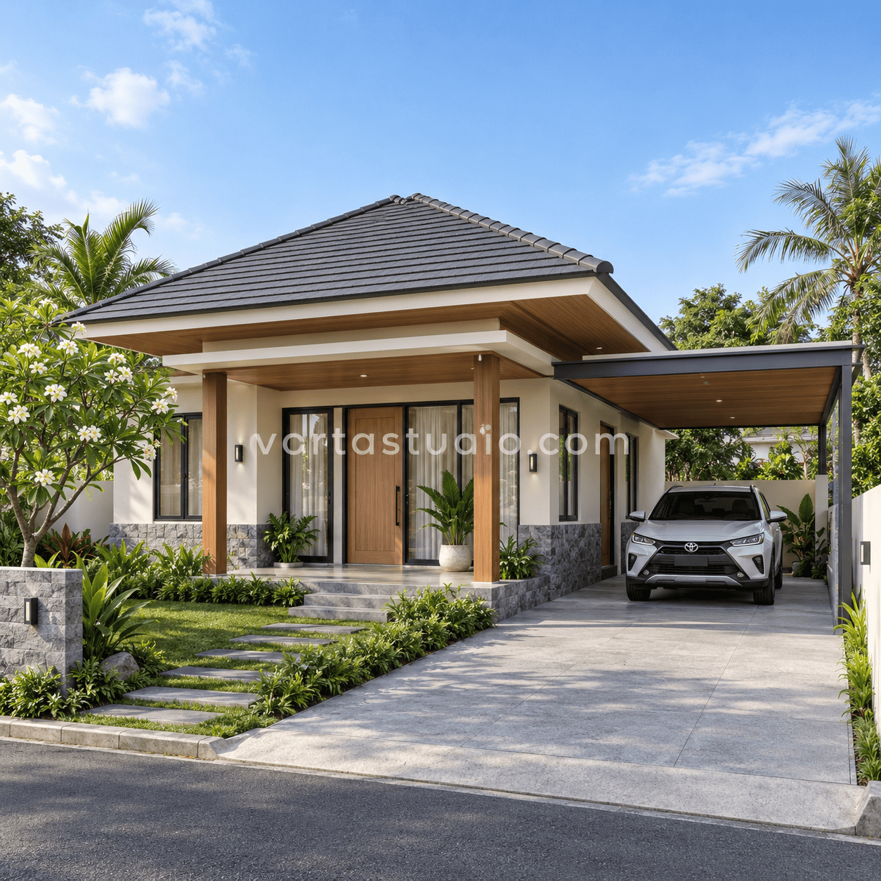 Sample desain rumah bali minimalis modern carport terbuka 1 lantai VS-075 — Vorta Studio