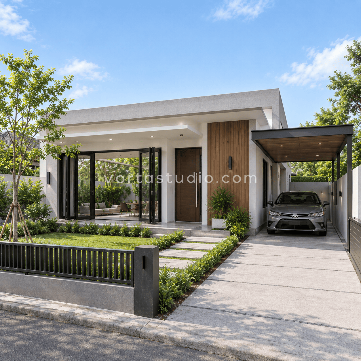 Sample desain rumah minimalis modern kaca lipat taman belakang VS-077 — Vorta Studio
