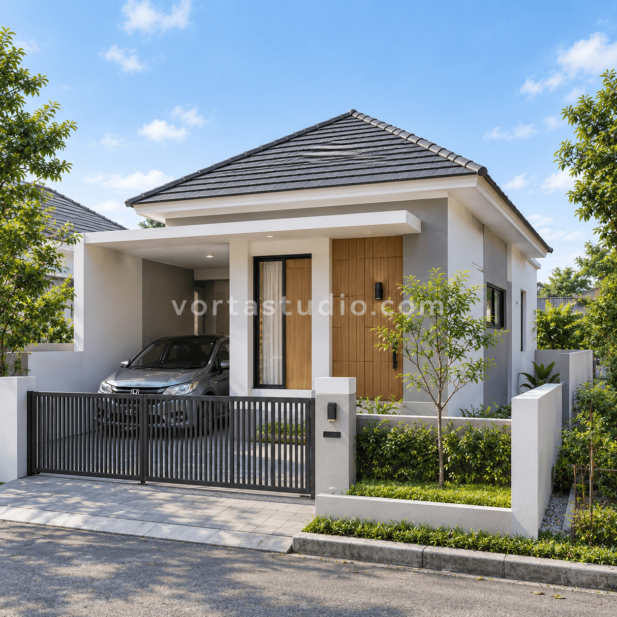 Sample desain rumah minimalis modern atap perisai lahan sempit VS-079 — Vorta Studio