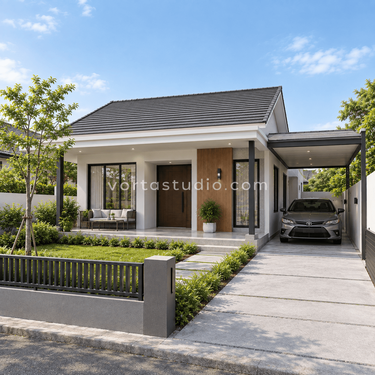 Sample desain rumah minimalis modern atap pelana teras depan luas 1 lantai VS-081 — Vorta Studio
