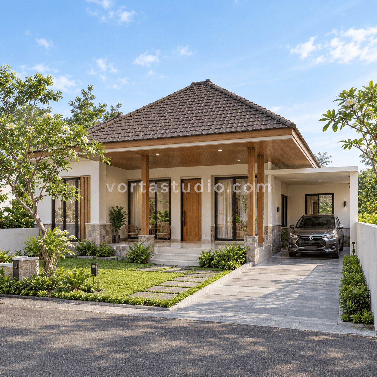 Sample desain rumah jawa minimalis modern limasan teras terbuka VS-083 — Vorta Studio