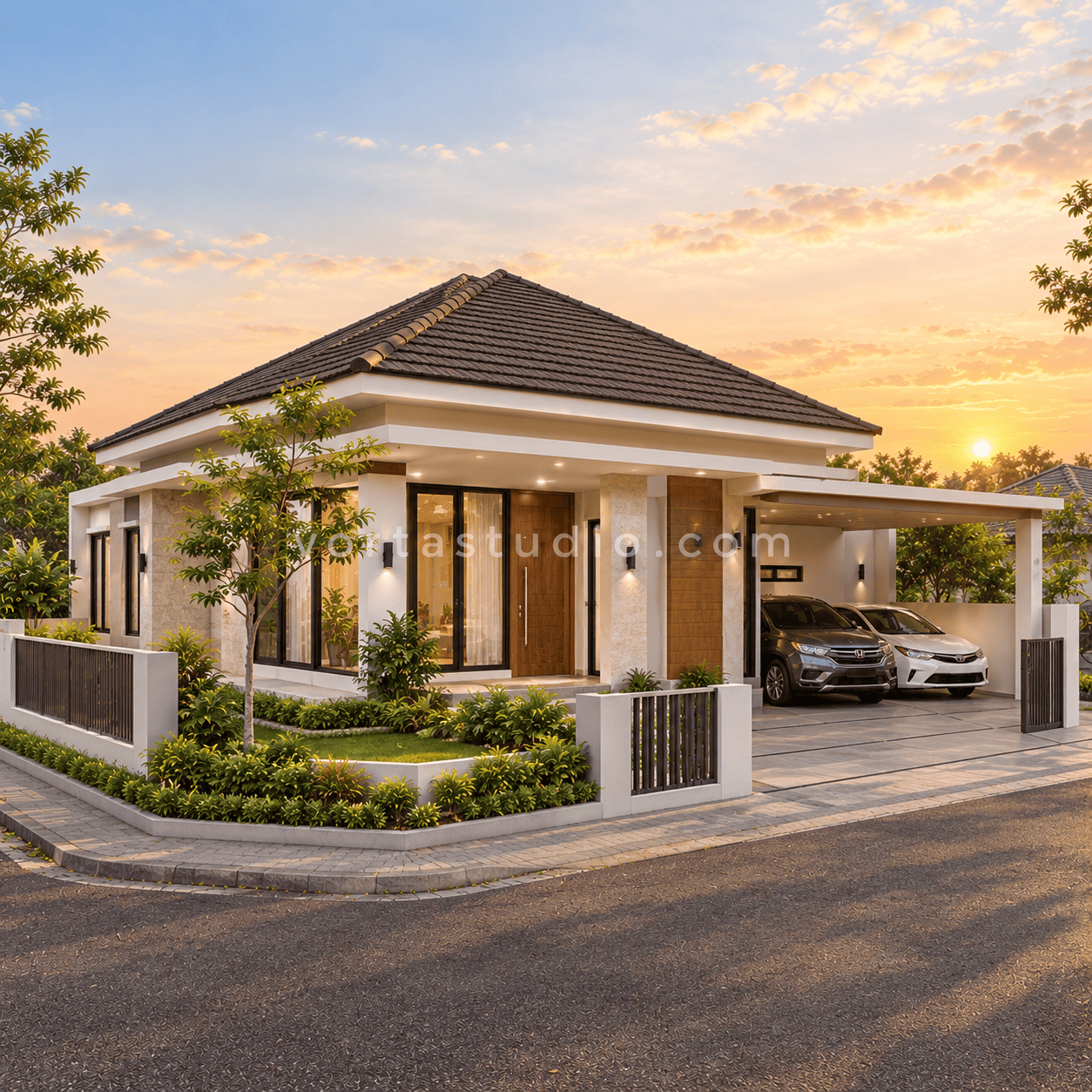 Sample desain rumah minimalis modern atap limasan lahan sudut VS-088 — Vorta Studio