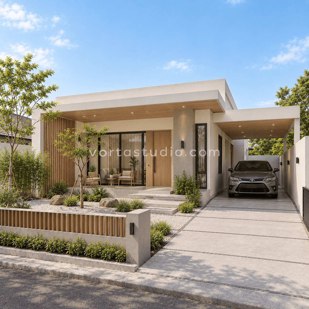Sample desain rumah japandi minimalis modern dak datar taman kering VS-089 — Vorta Studio
