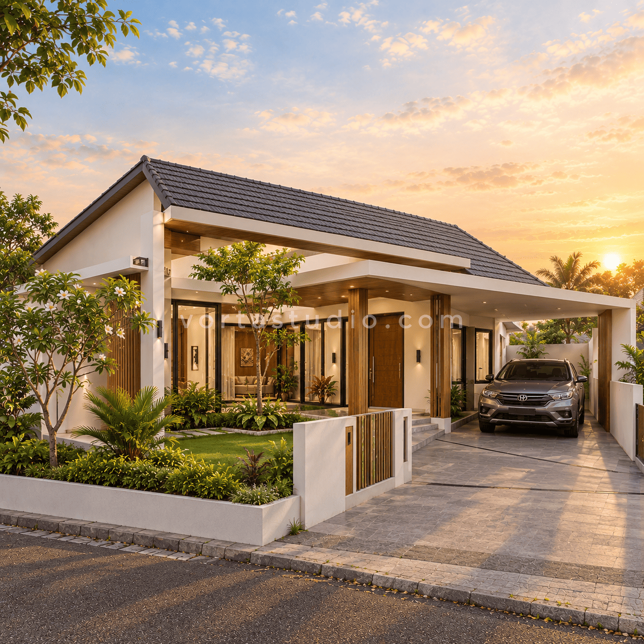 Sample desain rumah tropis minimalis modern void taman dalam 1 lantai VS-092 — Vorta Studio