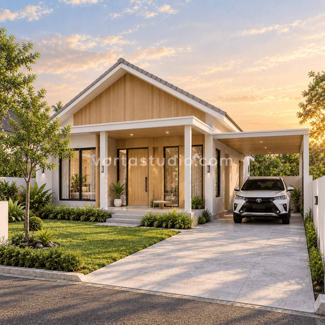 Sample desain rumah scandinavian minimalis modern fasad kayu terang VS-094 — Vorta Studio