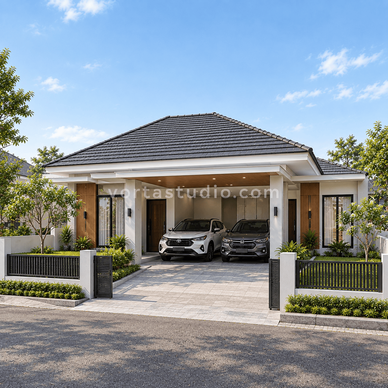 Sample desain rumah minimalis modern atap perisai rendah carport tengah VS-099 — Vorta Studio