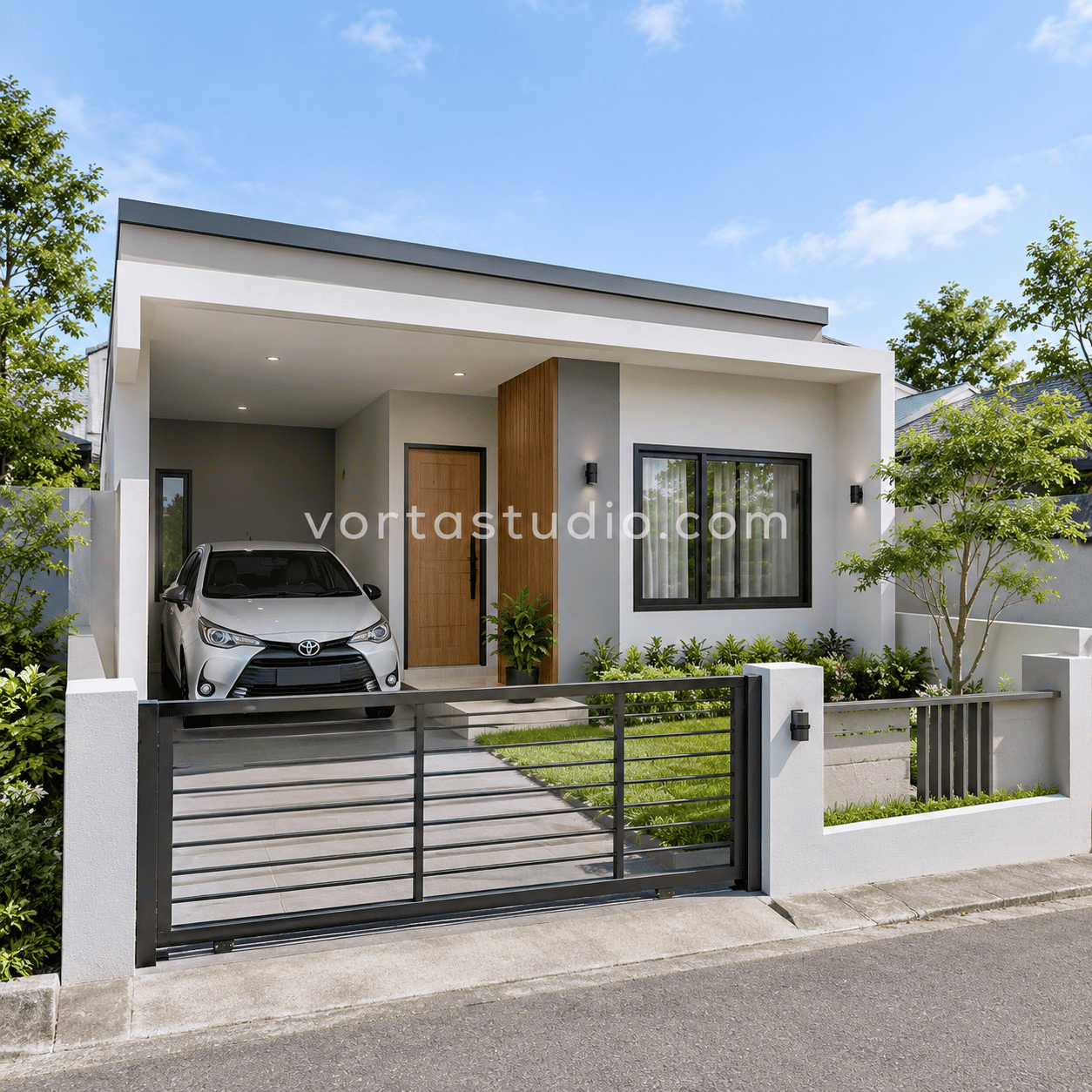 Sample desain rumah minimalis modern lahan sempit carport depan 1 lantai VS-101 — Vorta Studio