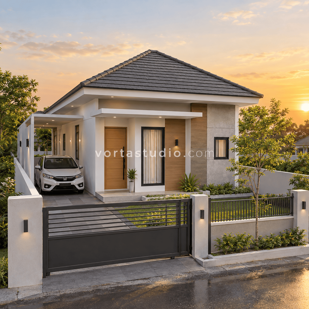 Sample desain rumah minimalis modern lahan sempit atap perisai 1 lantai VS-106 — Vorta Studio