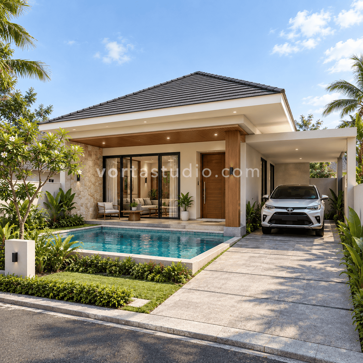 Sample desain rumah tropis minimalis modern kolam kecil 1 lantai VS-109 — Vorta Studio
