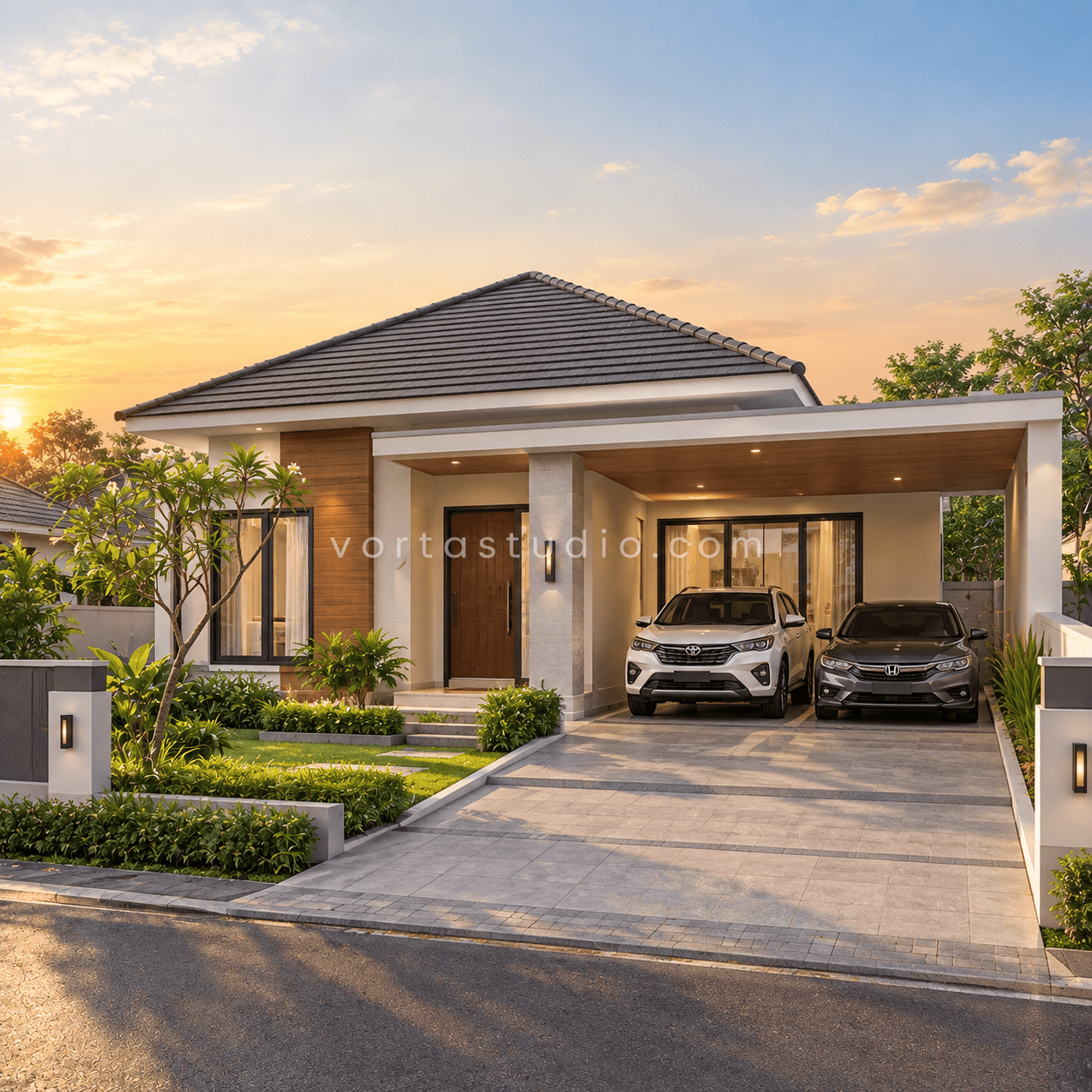 Sample desain rumah minimalis modern atap limas rendah carport depan VS-110 — Vorta Studio