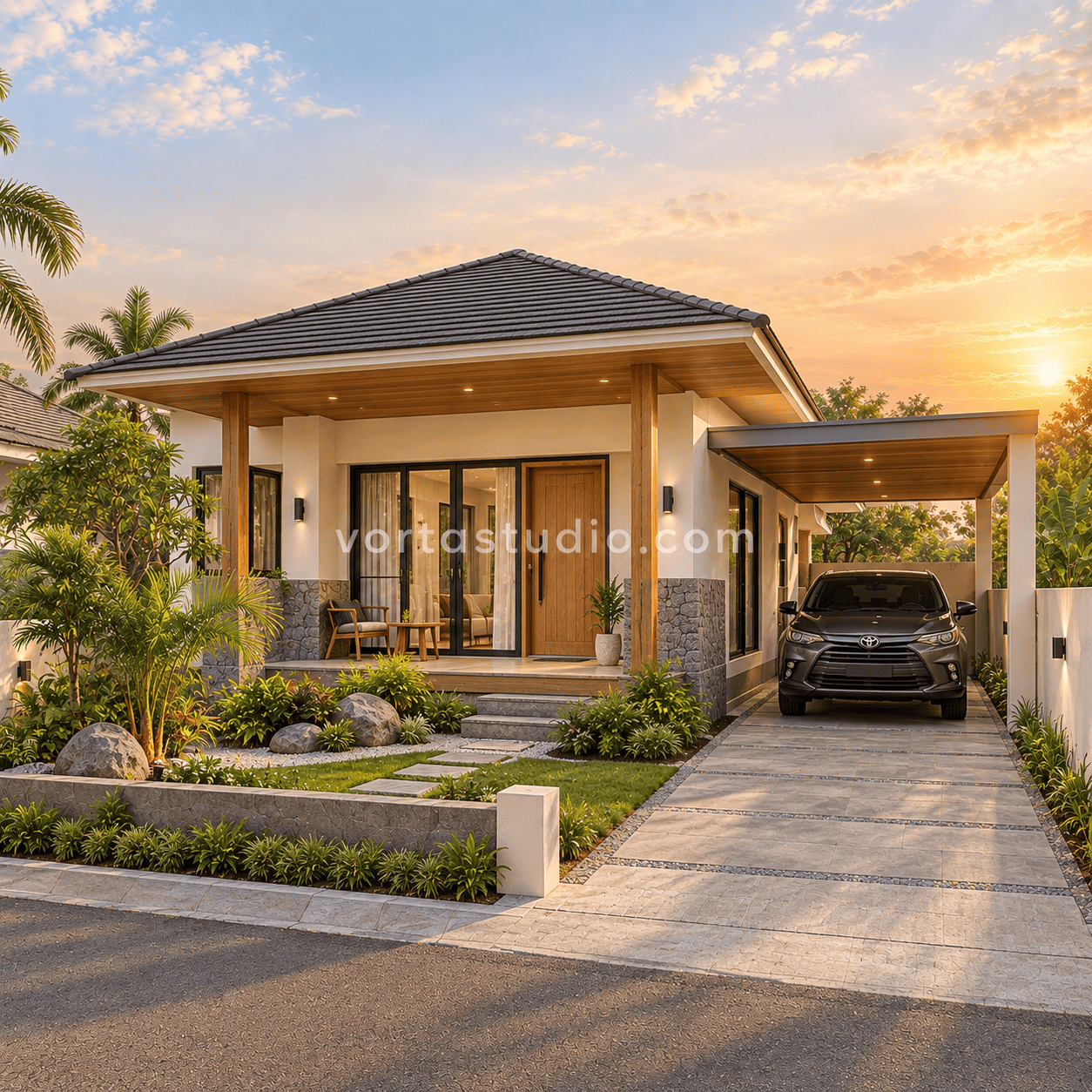 Sample desain rumah bali minimalis modern taman batu 1 lantai VS-116 — Vorta Studio