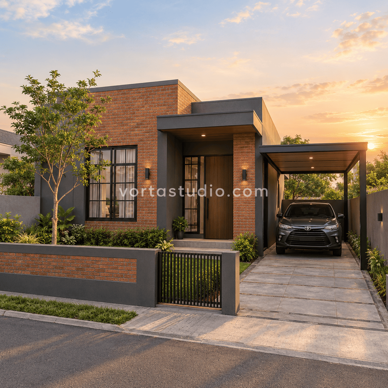 Sample desain rumah industrial minimalis modern fasad bata ekspos VS-124 — Vorta Studio