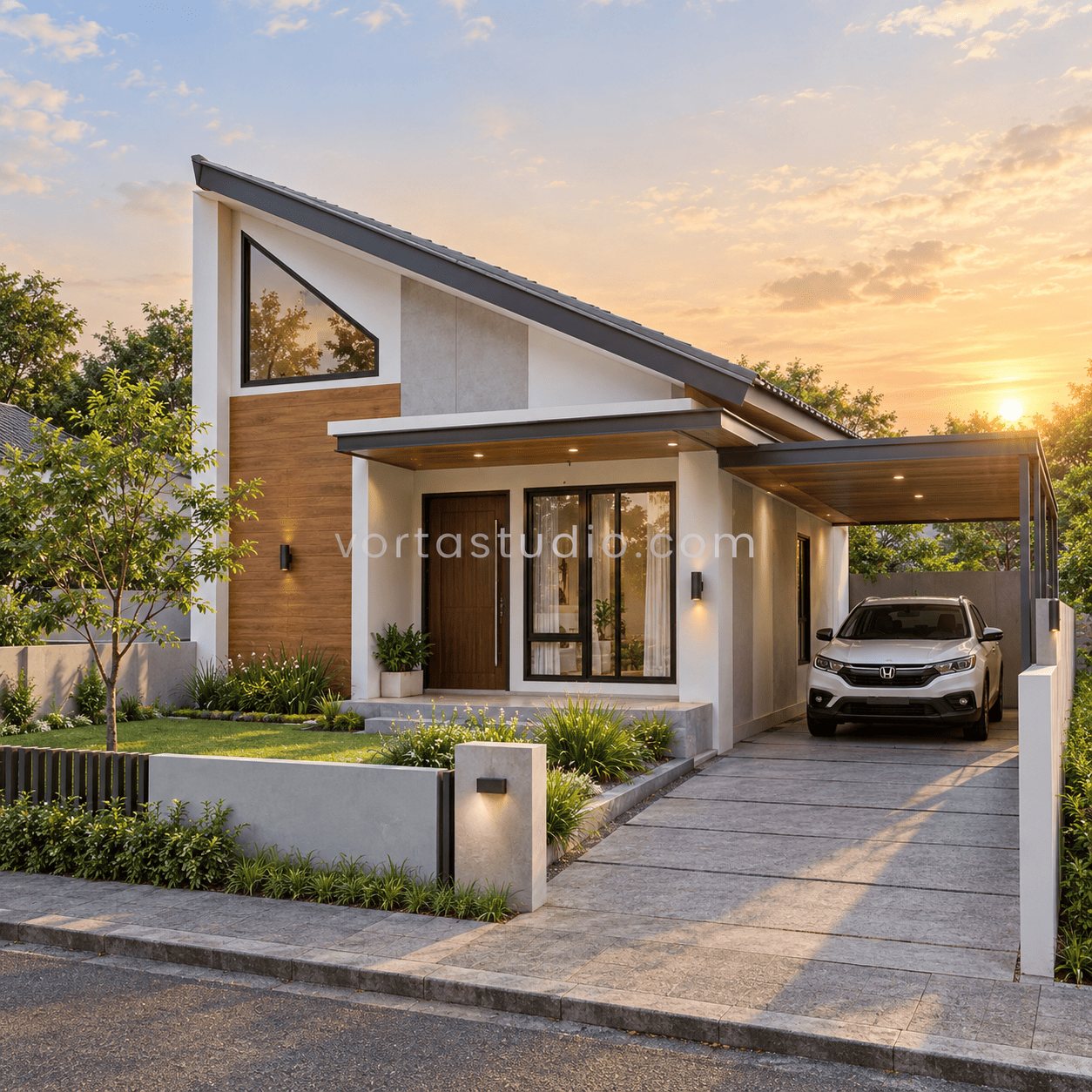 Sample desain rumah minimalis modern bukaan segitiga atap miring 1 lantai VS-126 — Vorta Studio