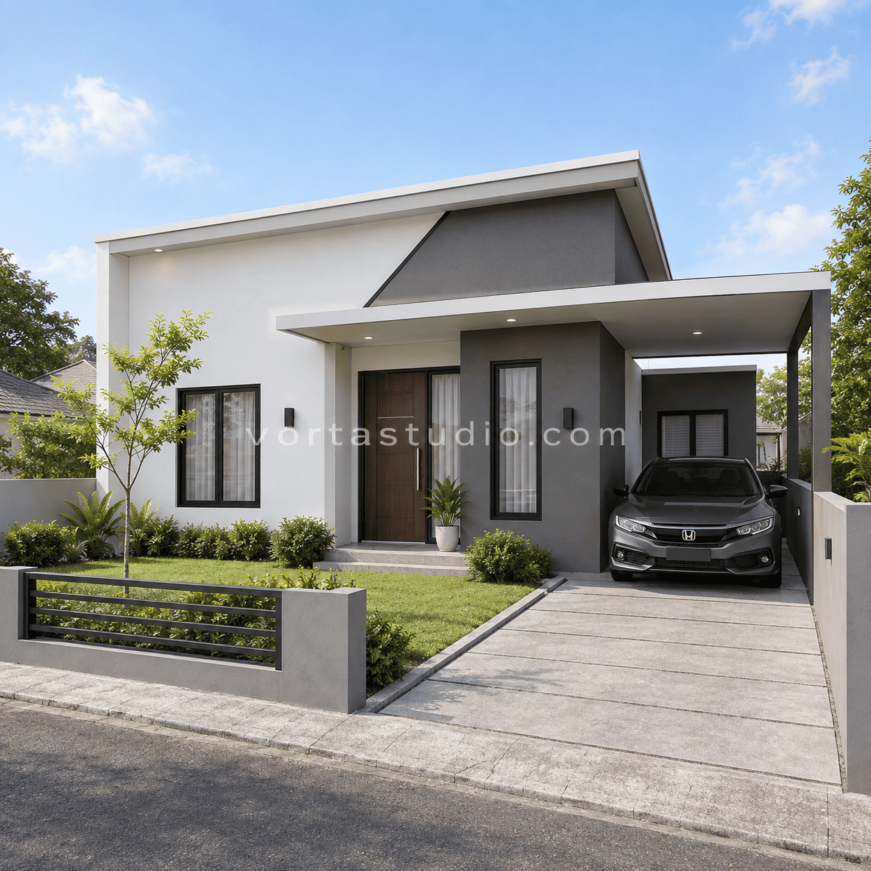 Sample desain rumah minimalis modern fasad split dua nada 1 lantai VS-127 — Vorta Studio