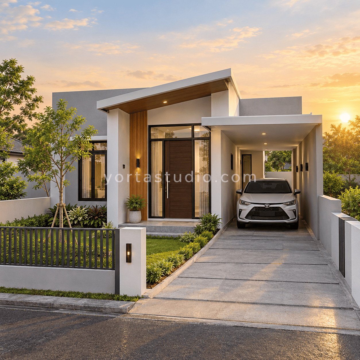 Sample desain rumah minimalis modern kanopi miring asimetris 1 lantai VS-128 — Vorta Studio