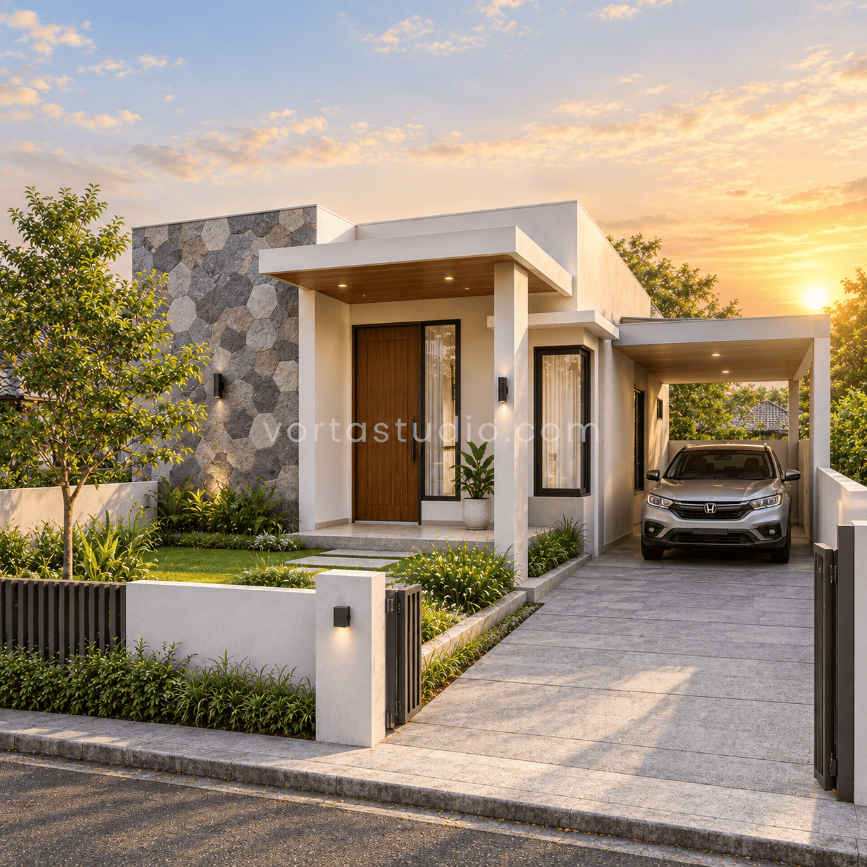 Sample desain rumah minimalis modern dinding batu pola acak 1 lantai VS-130 — Vorta Studio