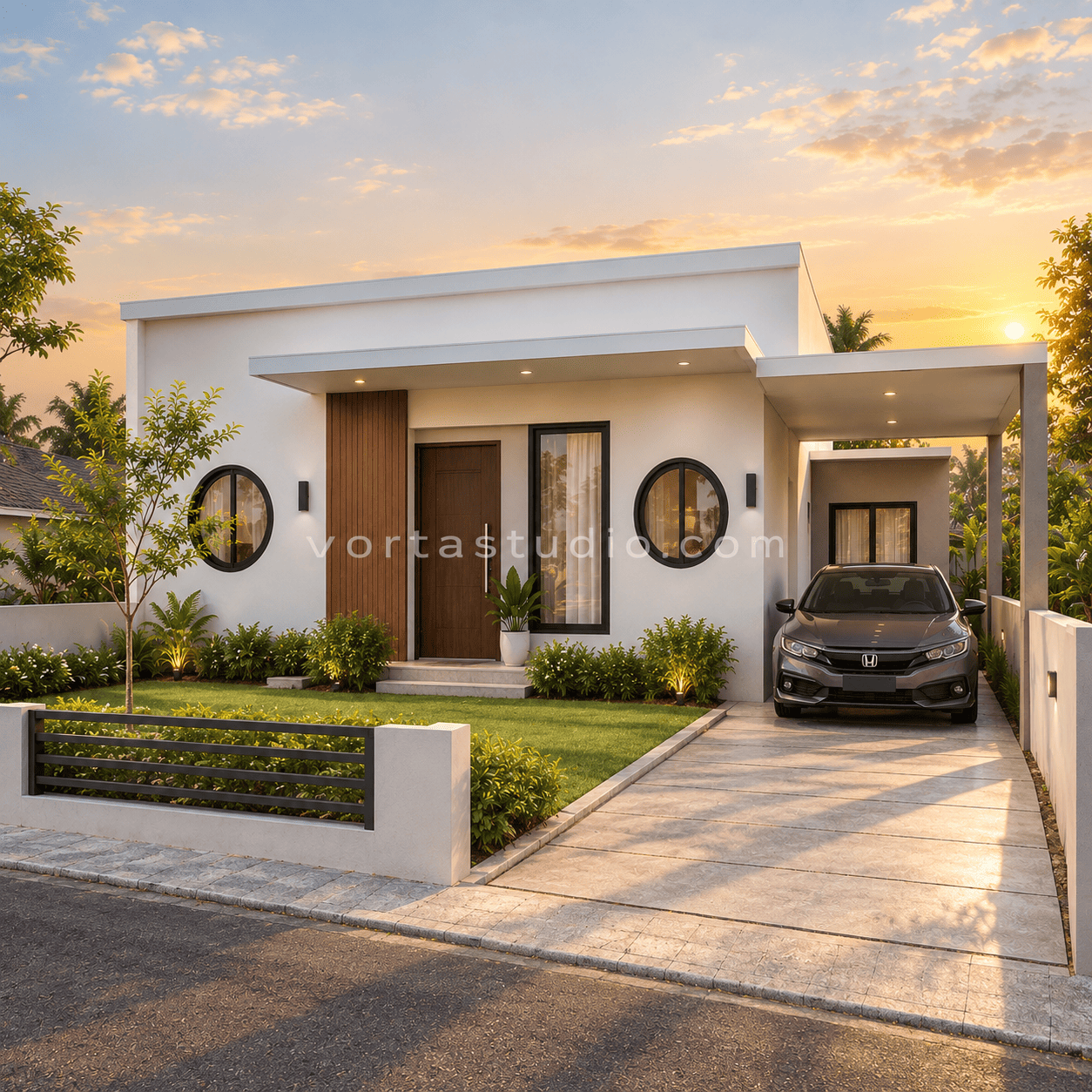 Sample desain rumah minimalis modern jendela bulat ganda 1 lantai VS-132 — Vorta Studio