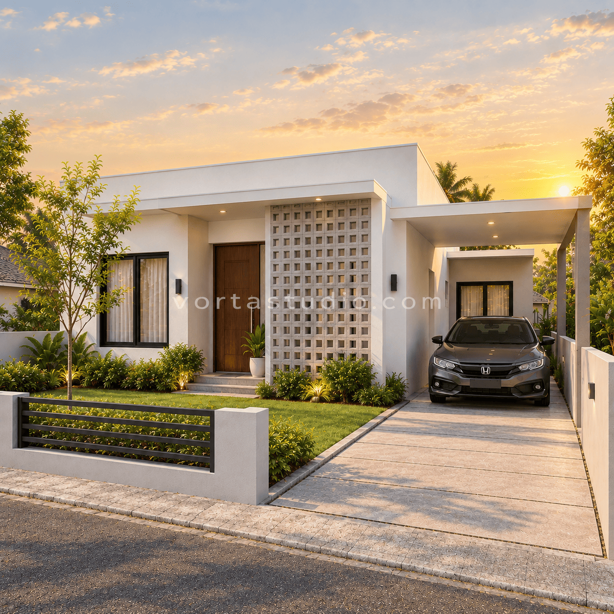 Sample desain rumah minimalis modern fasad berlubang pola geometris 1 lantai VS-138 — Vorta Studio