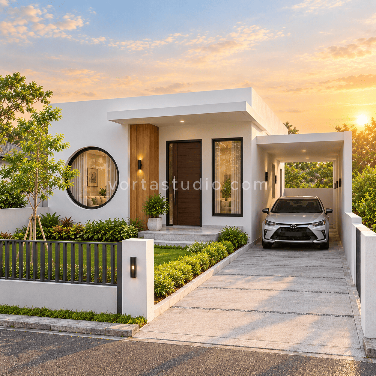 Sample desain rumah minimalis modern jendela bulat fasad putih 1 lantai VS-140 — Vorta Studio