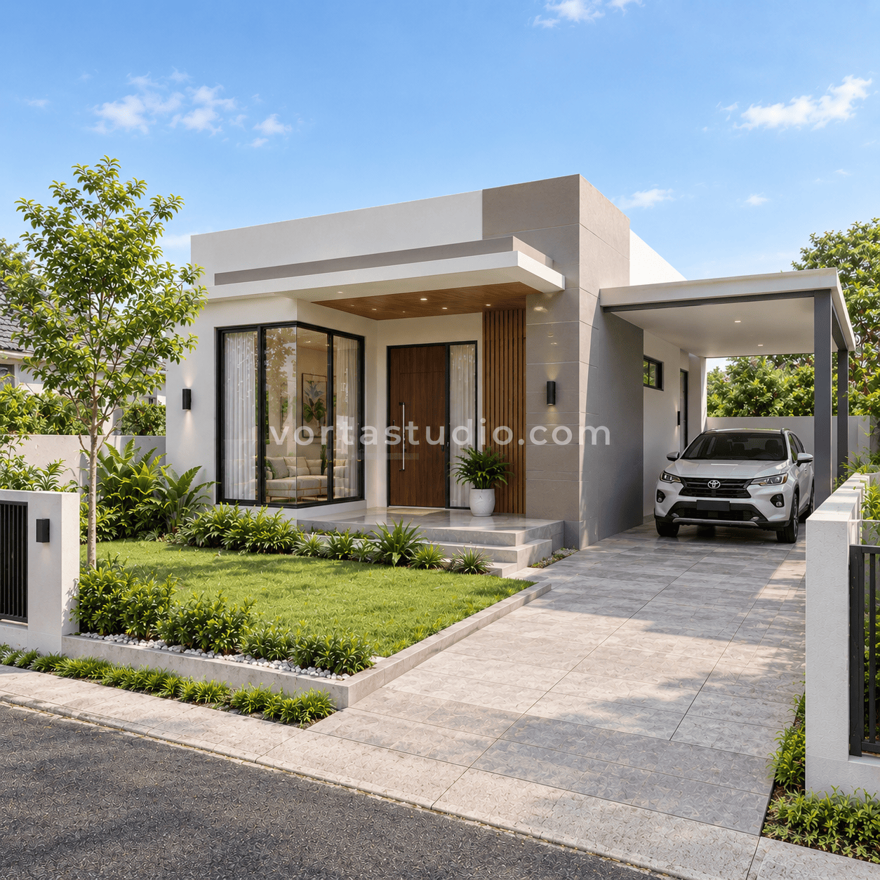 Sample desain rumah minimalis modern fasad dua warna netral VS-141 — Vorta Studio