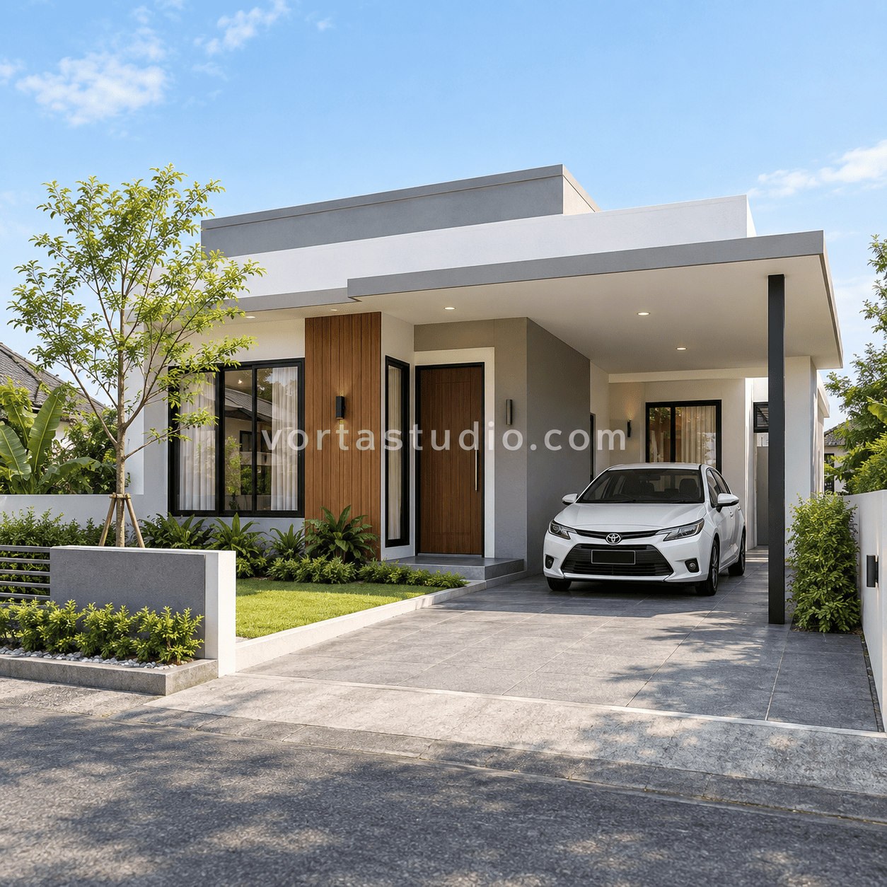 Sample desain rumah minimalis modern carport terbuka kolom tunggal VS-143 — Vorta Studio