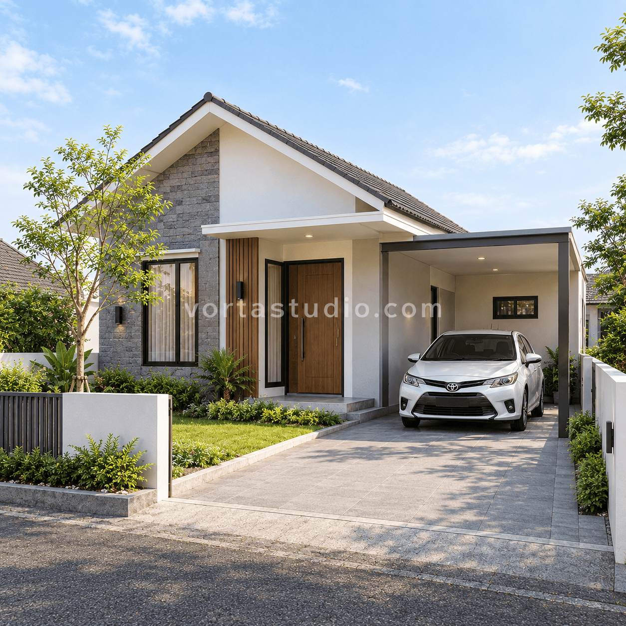 Sample desain rumah minimalis modern atap pelana fasad batu sebagian VS-147 — Vorta Studio