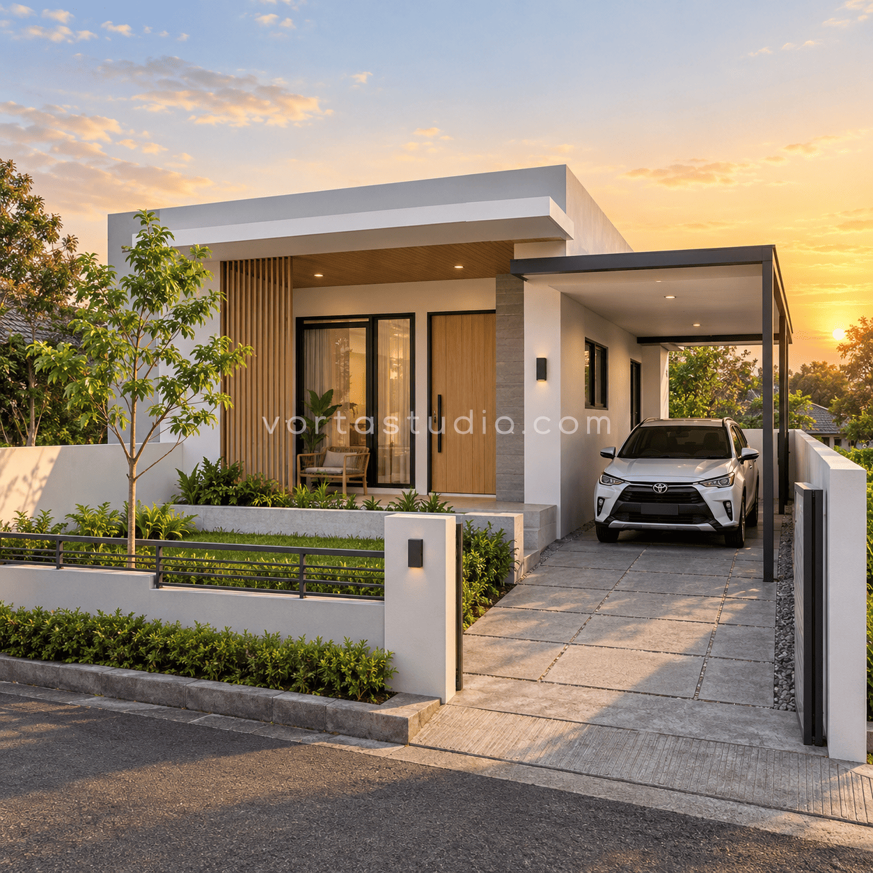 Sample desain rumah minimalis modern teras semi terbuka VS-148 — Vorta Studio