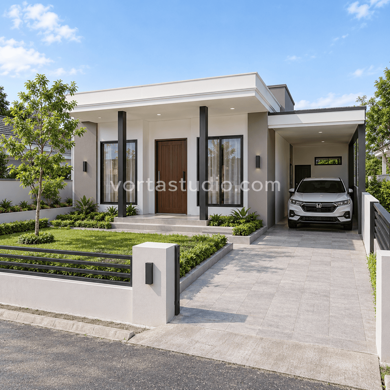 Sample desain rumah minimalis modern fasad simetris kolom ramping VS-149 — Vorta Studio
