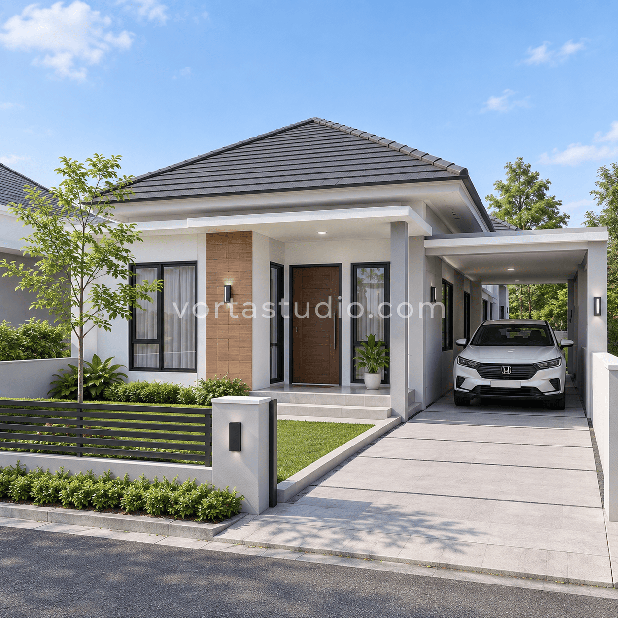 Sample desain rumah minimalis modern atap limasan rendah VS-151 — Vorta Studio
