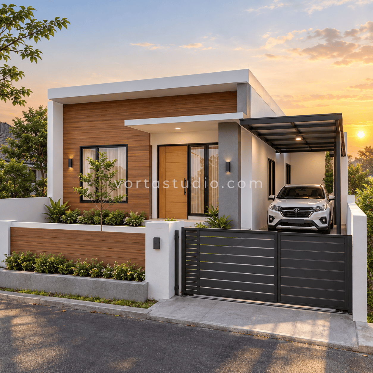Sample desain rumah minimalis modern fasad kayu horizontal VS-152 — Vorta Studio