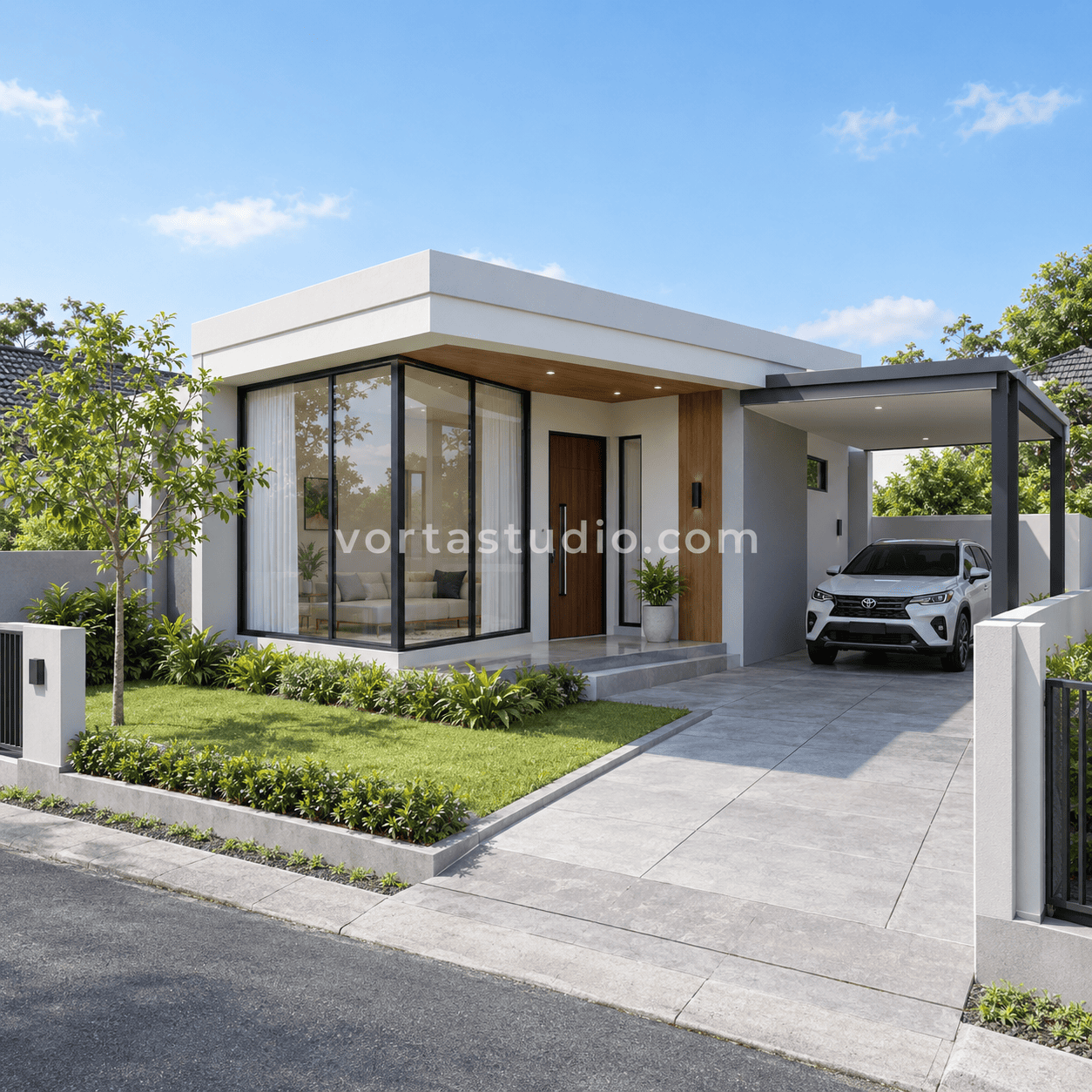 Sample desain rumah minimalis modern dinding kaca sudut VS-153 — Vorta Studio