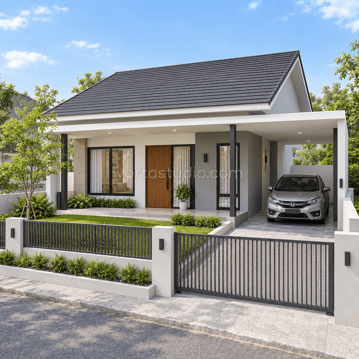 Sample desain rumah minimalis modern atap pelana teras panjang VS-155 — Vorta Studio