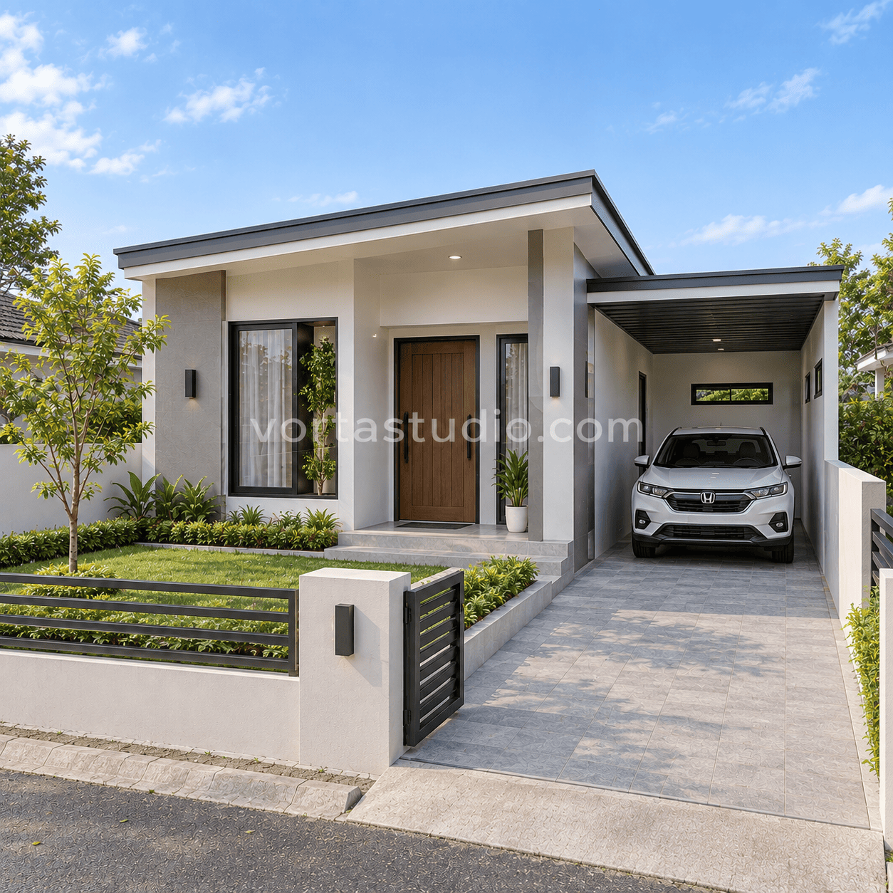 Sample desain rumah minimalis modern atap miring rendah void kecil VS-159 — Vorta Studio