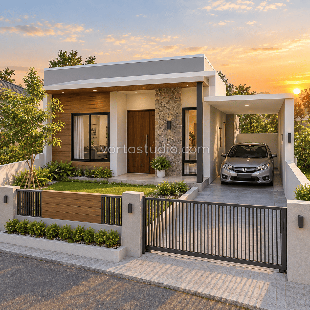 Sample desain rumah minimalis modern fasad kayu dan batu kombinasi VS-160 — Vorta Studio