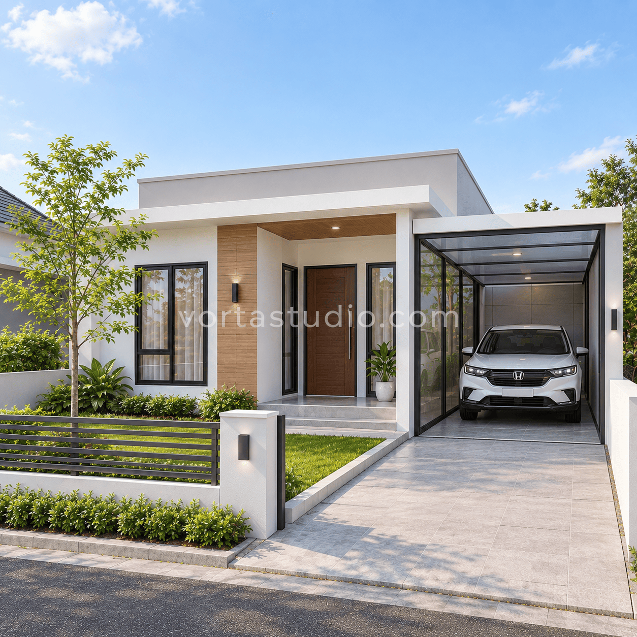 Sample desain rumah minimalis modern carport tertutup kaca VS-161 — Vorta Studio