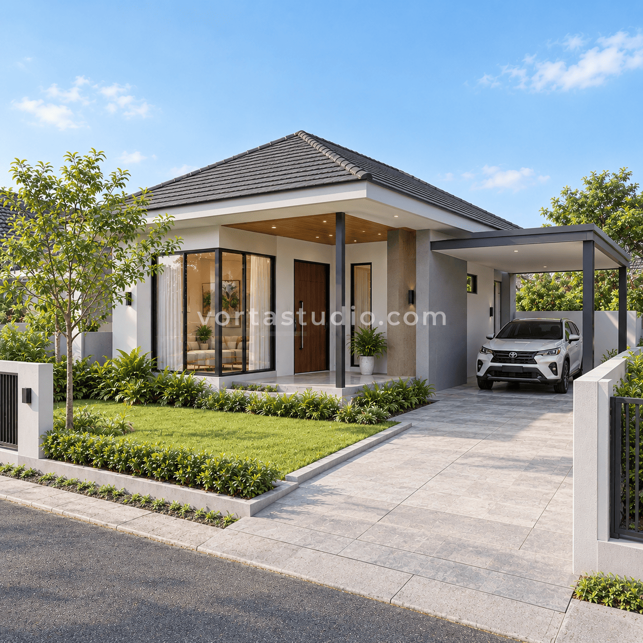 Sample desain rumah minimalis modern atap perisai teras sudut VS-163 — Vorta Studio