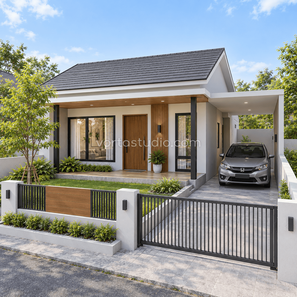 Sample desain rumah minimalis modern atap pelana rendah teras kayu VS-165 — Vorta Studio