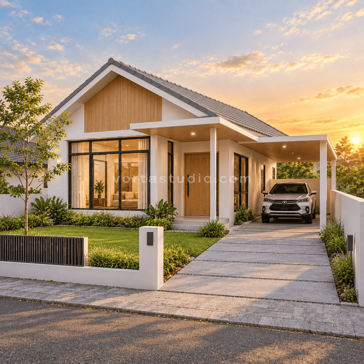 Sample desain rumah scandinavian minimalis modern jendela besar taman depan VS-166 — Vorta Studio