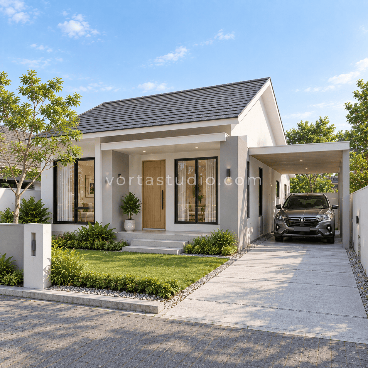 Sample desain rumah minimalis modern atap pelana rendah fasad simpel VS-167 — Vorta Studio