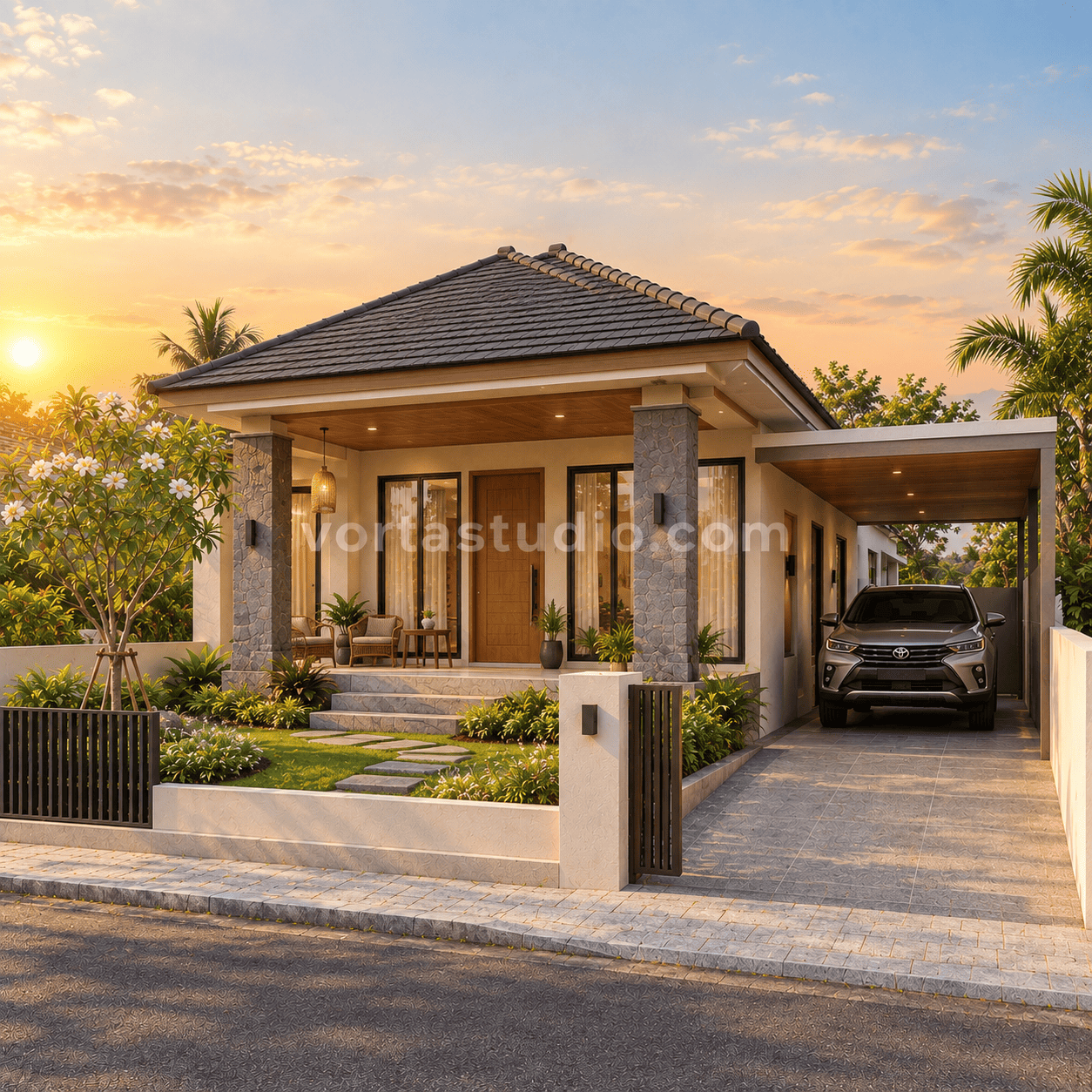 Sample desain rumah bali minimalis modern teras terbuka kolom batu VS-168 — Vorta Studio