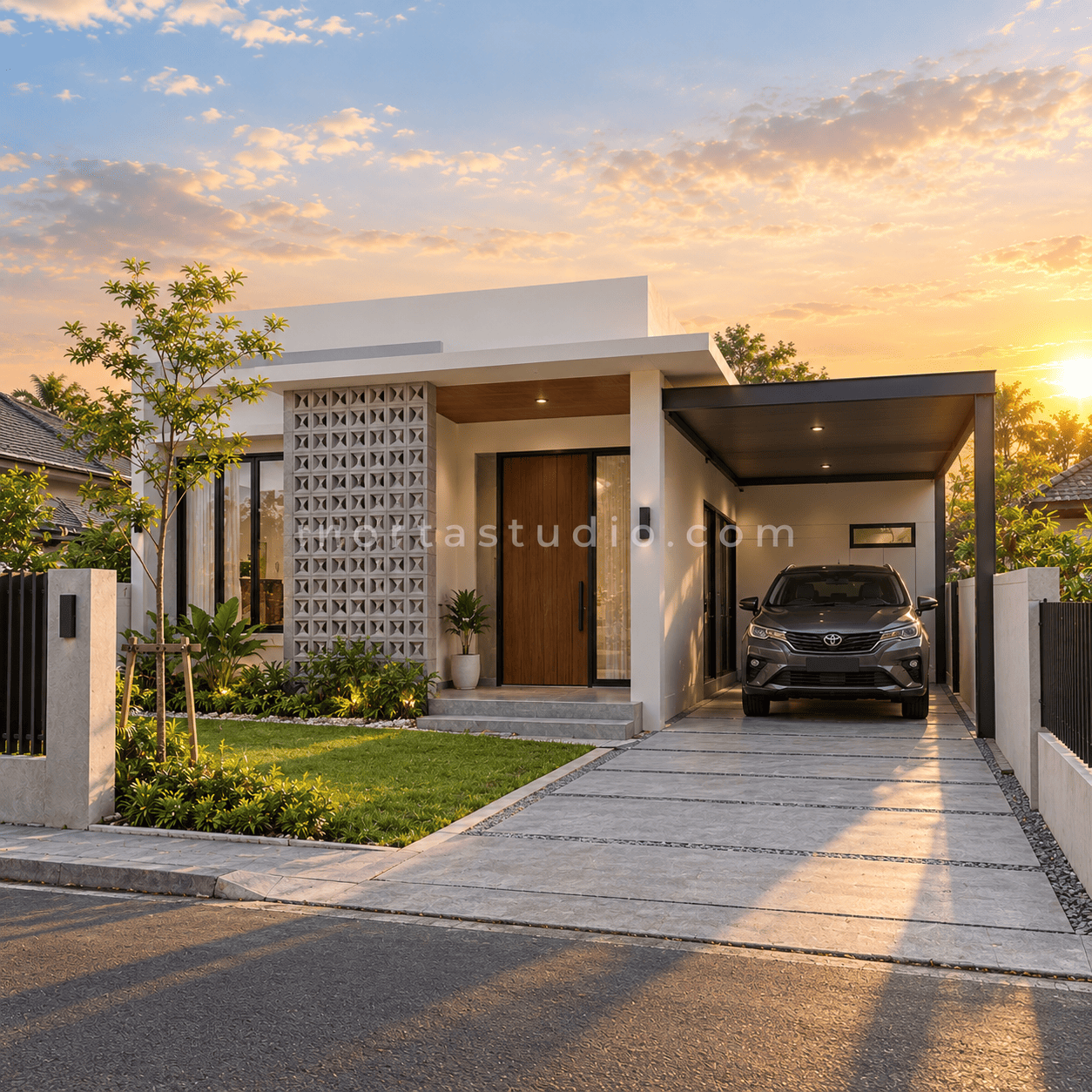 Sample desain rumah minimalis modern fasad dinding roster beton VS-170 — Vorta Studio