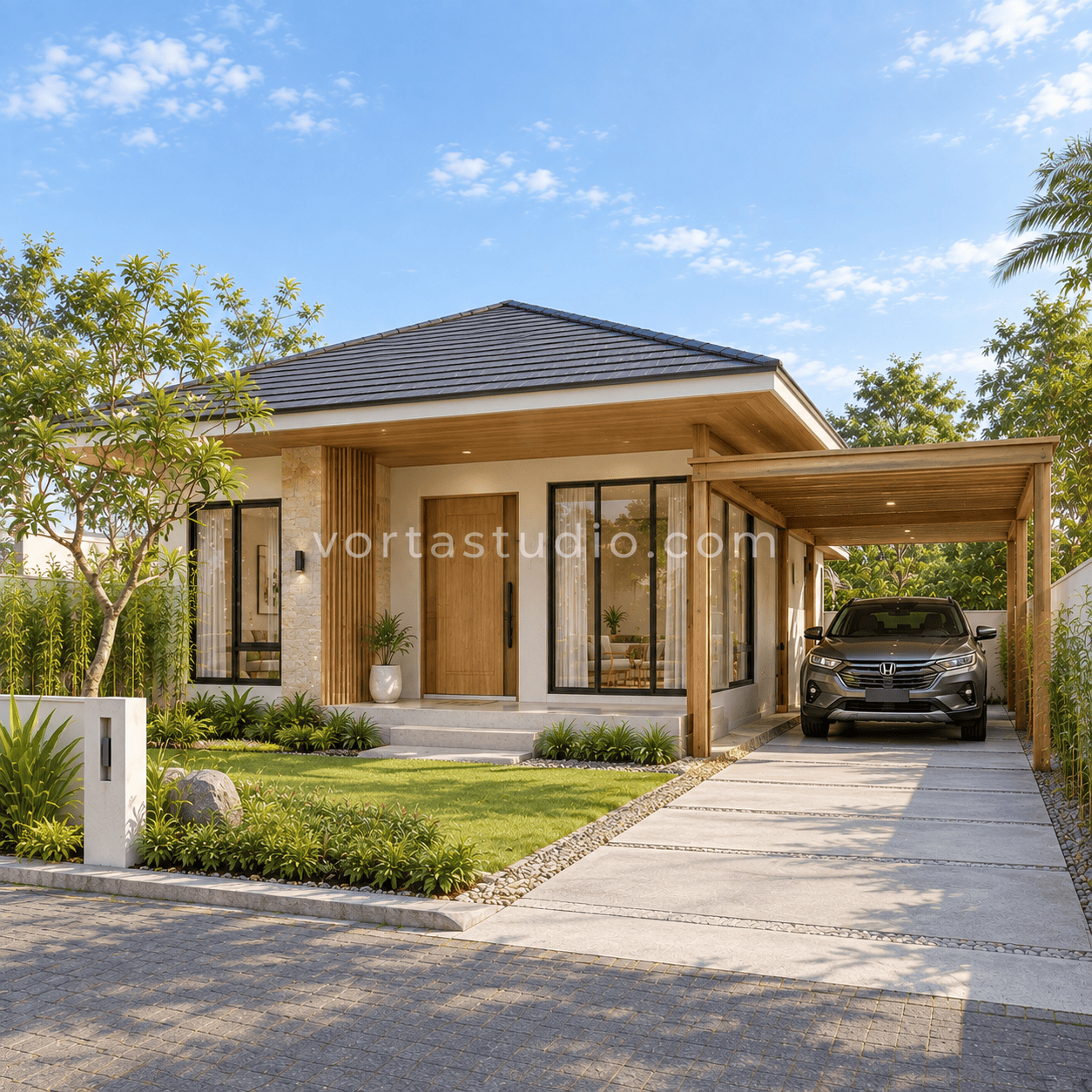 Sample desain rumah japandi minimalis modern carport kayu terbuka VS-171 — Vorta Studio